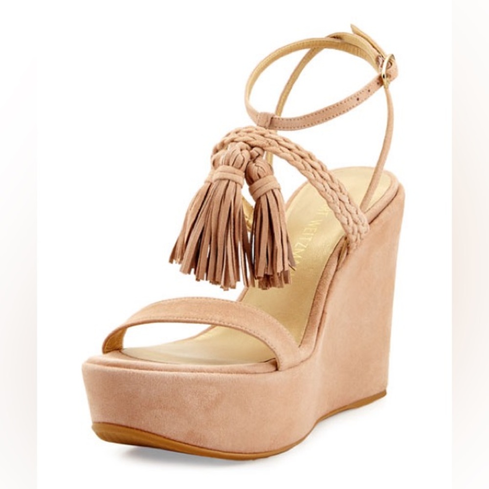 Stuart Weitzman Tasselmania Suede Wedge Sandal, Beige, Size 10.5